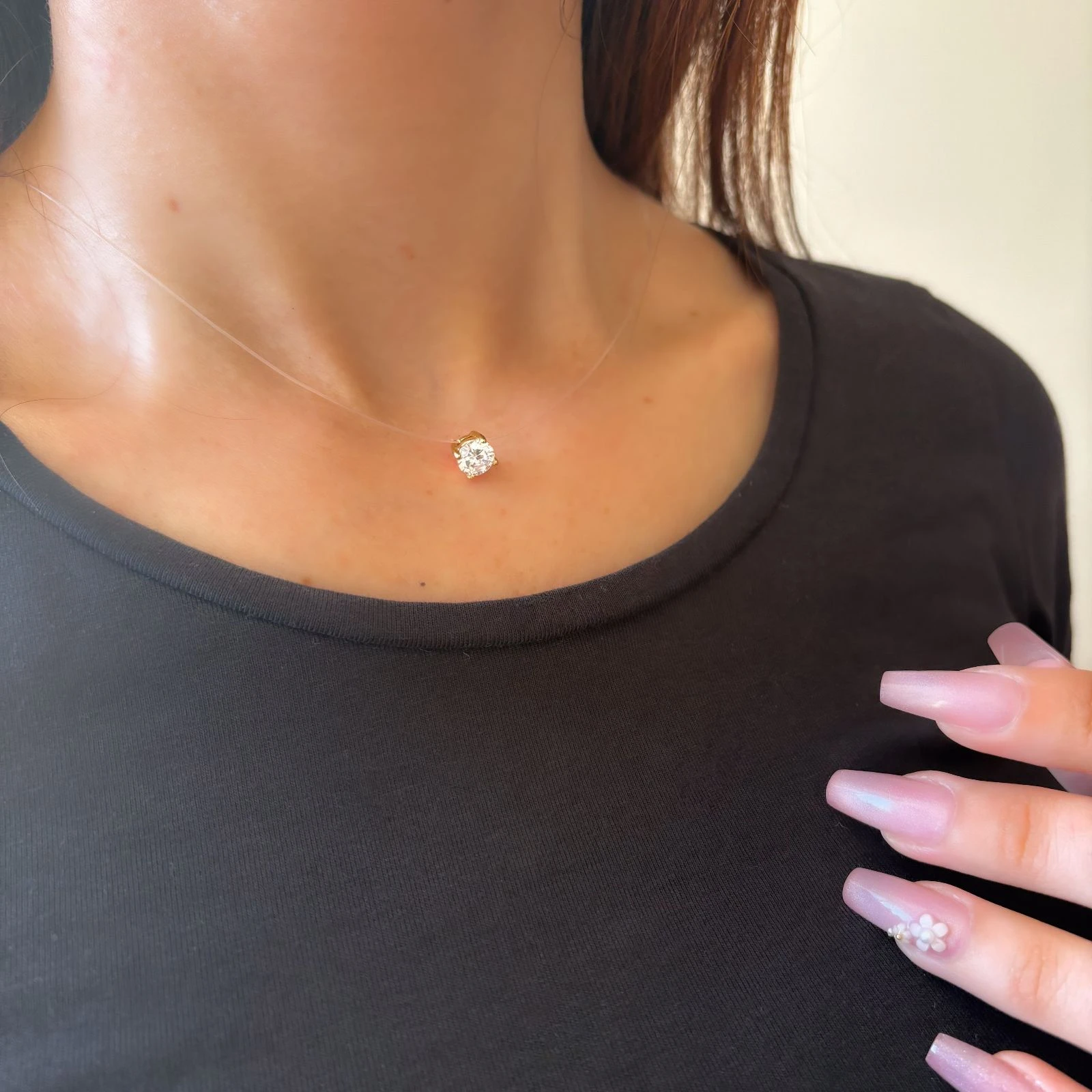 Collier invisible femme avec zircon rond en acier inoxydable doré